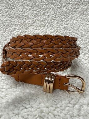 Ultra Skinny Braided Belt Woman’s  Carmel  Brown Vegan Leather Belt, L / XL